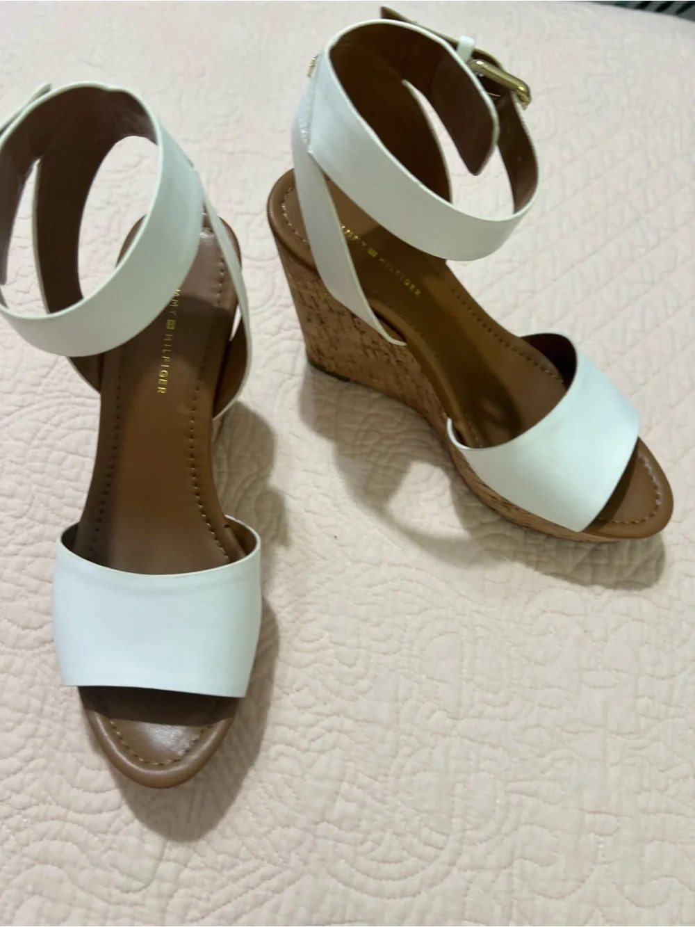 Tommy Hilfiger White Leather Ankle-Strap Cork Wedges